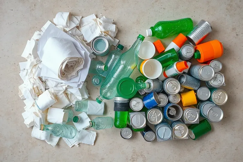Recycling bins with sorted materials